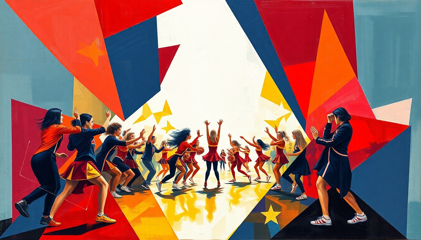 A cubist, geometric painting depicting fragmented images of college cheerleaders, dancers, and a mascot in motion, using bold colors to capture the energy and competition of the national championships.
