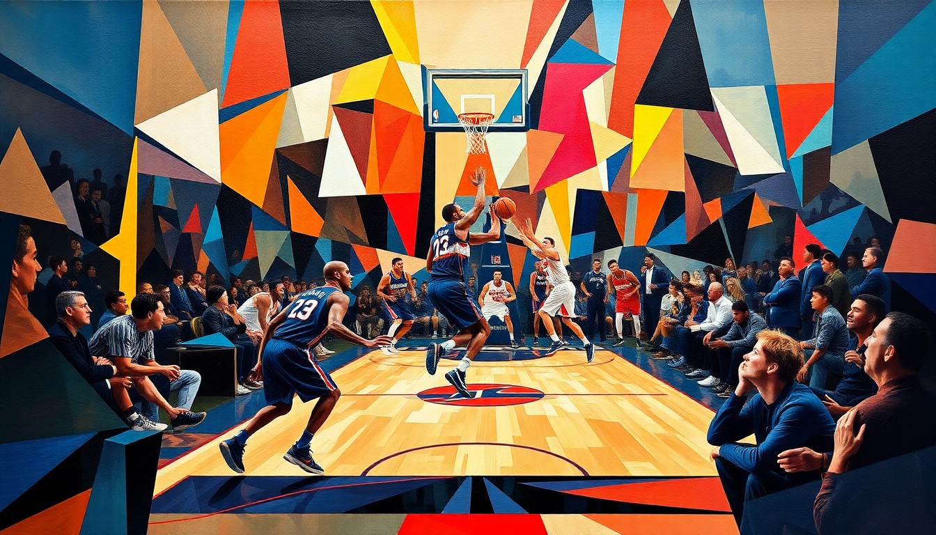 A cubist, geometric painting depicting a basketball game, with the players' forms broken down into angular, colorful shapes that capture the intensity and movement of the action.