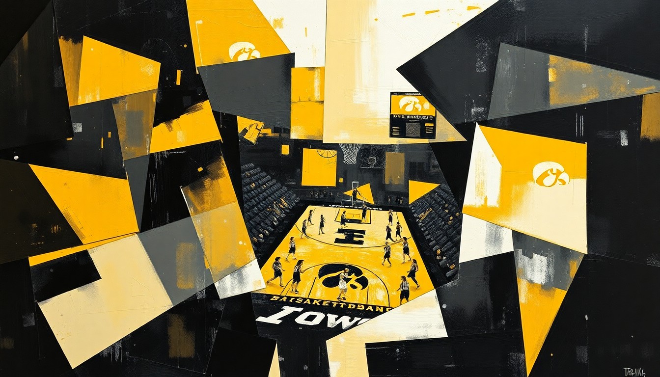 A cubist, geometric painting in black, gold, and white, depicting the dynamic movement and energy of a women's basketball game, with the players' forms fractured and overlapping in an abstract, multi-perspective composition.