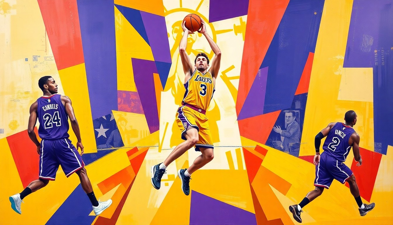 A cubist, geometric painting depicting Luka Doncic's basketball moves and scoring ability, with sharp, overlapping planes of purple and gold colors representing the Lakers' uniform.