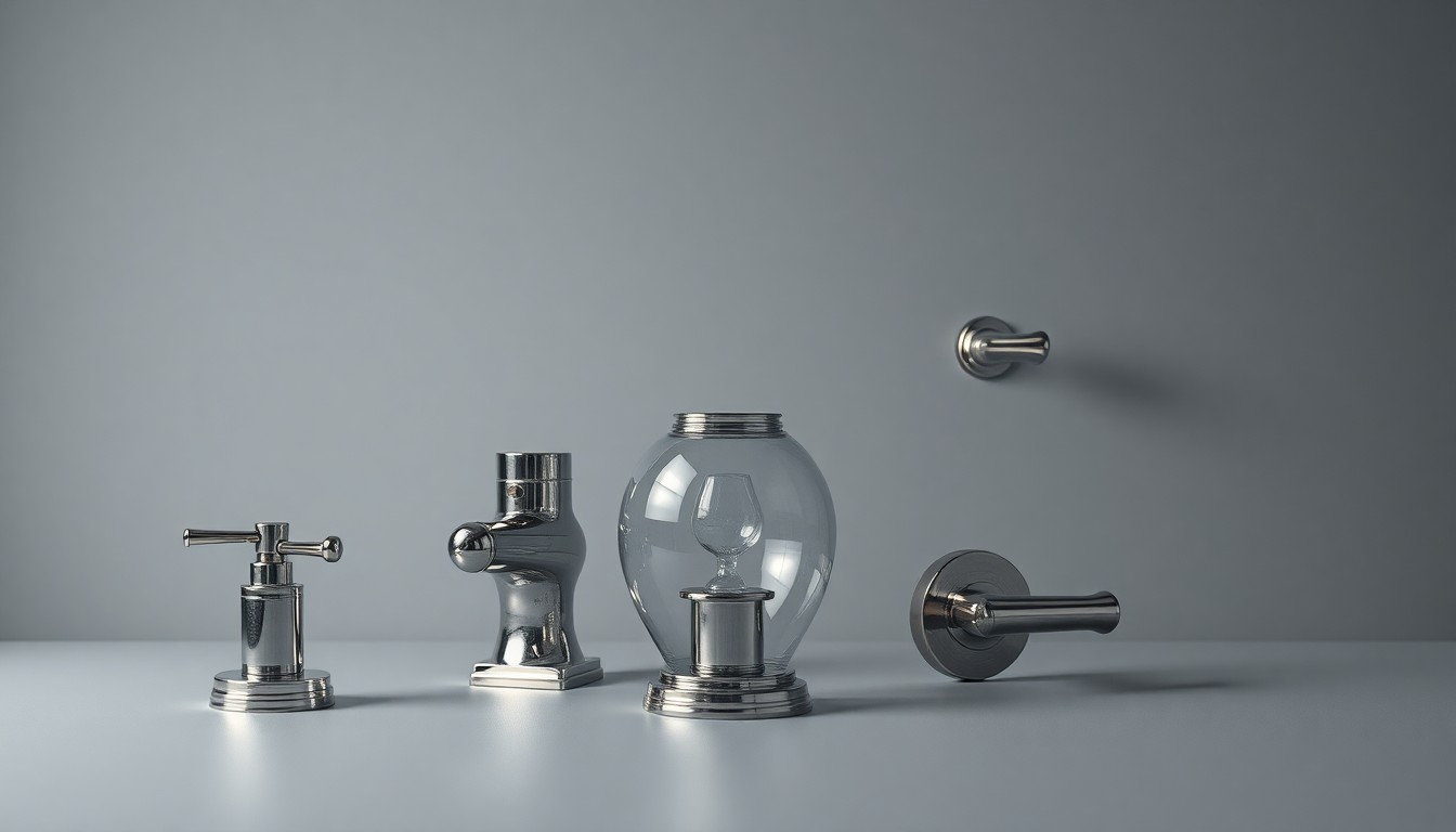 A high-end, photorealistic studio still-life photograph featuring a collection of polished metal and glass objects representing the essential components of a public housing unit, arranged elegantly on a clean, monochromatic grey background with sharp, dramatic lighting.