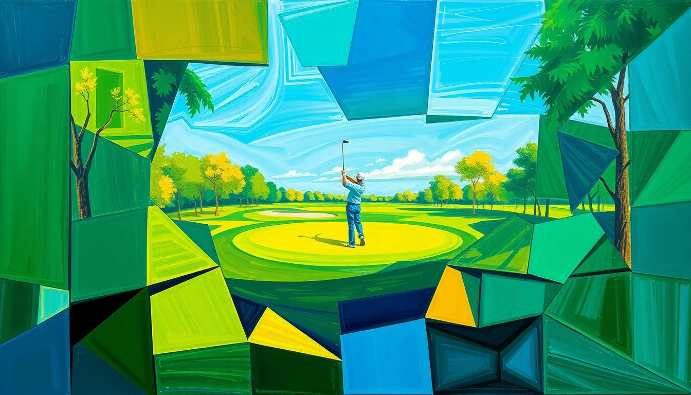 A fractured, geometric painting depicting the motion and energy of a golf tournament, with overlapping planes of color and shape conveying the sport's competitive spirit.