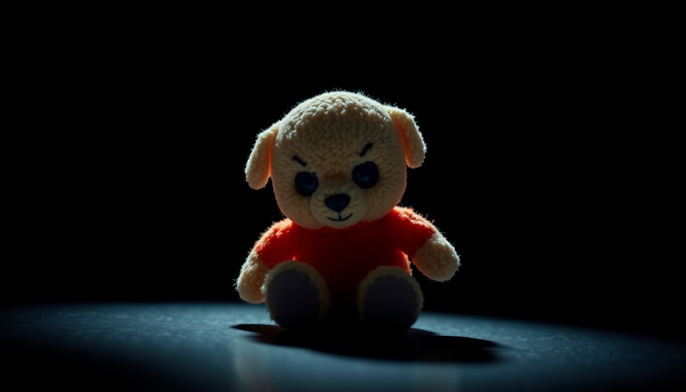 An extreme close-up photograph of a stuffed animal toy, its features obscured by dramatic shadows and harsh lighting, conveying a sense of vulnerability and the troubling realities of child exploitation.