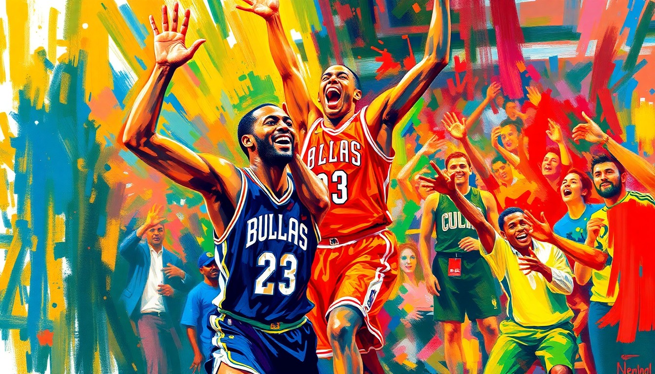 An abstract expressionist painting in vibrant neon colors, with rapid brushstrokes depicting the energetic celebration of an NBA player and fan after a big half-court shot win, their faces and details dissolving into unrecognizable splatters of color.