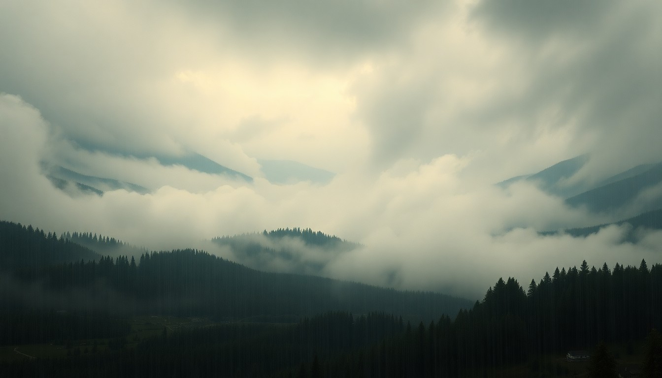 A sweeping, atmospheric landscape painting in muted tones of gray, blue, and green, depicting a flooded river valley with only the tops of submerged trees and buildings visible through the heavy fog and rain. The vast, natural scene conveys the overwhelming scale and power of the impending flood.