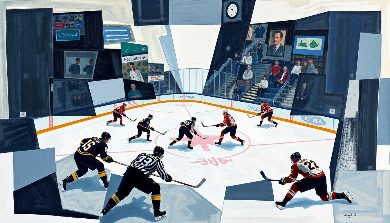 A cubist, geometric painting depicting the intensity and movement of a hockey game, with players' figures fractured and overlapping in an abstract composition.