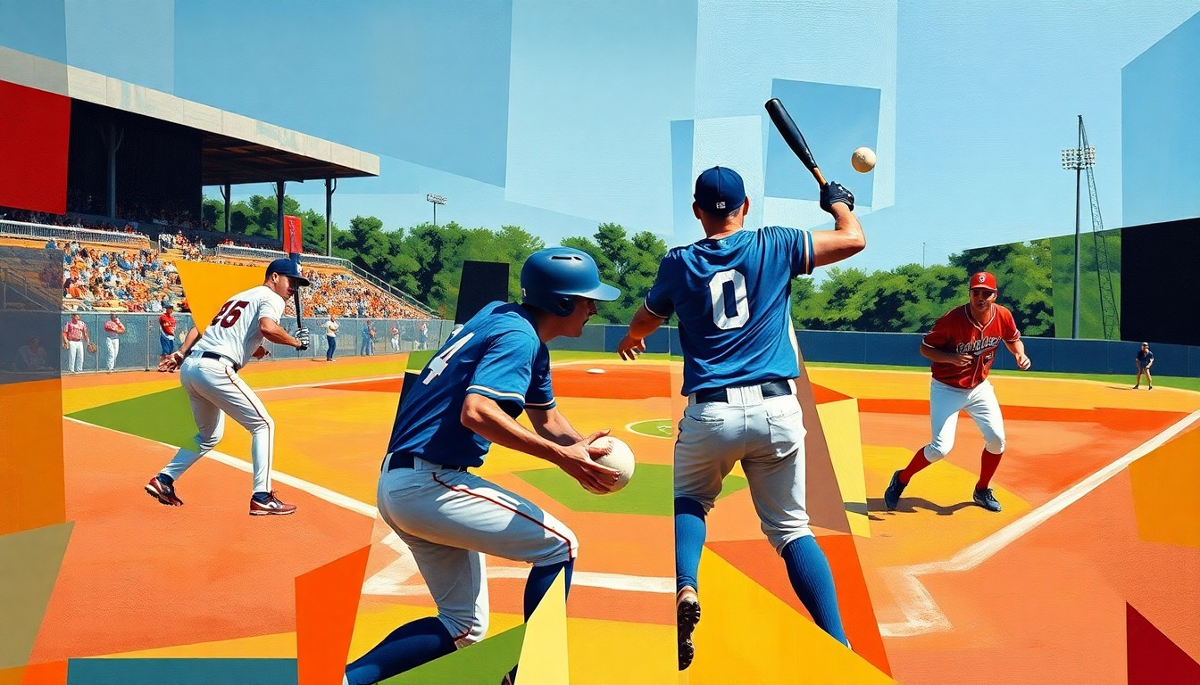 A fractured, geometric painting depicting a softball game, with sharp, overlapping planes of color representing the players, field, and action. The cubist style creates a dynamic, energetic visual metaphor for the competitive spirit of the sport.