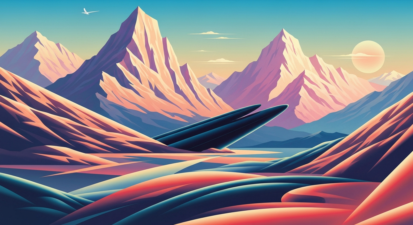A bold, geometric illustration in the Art Deco style, featuring sweeping, smooth gradients of earthy tones and towering, streamlined forms that evoke the grand scale and romance of train travel through the Rocky Mountains.