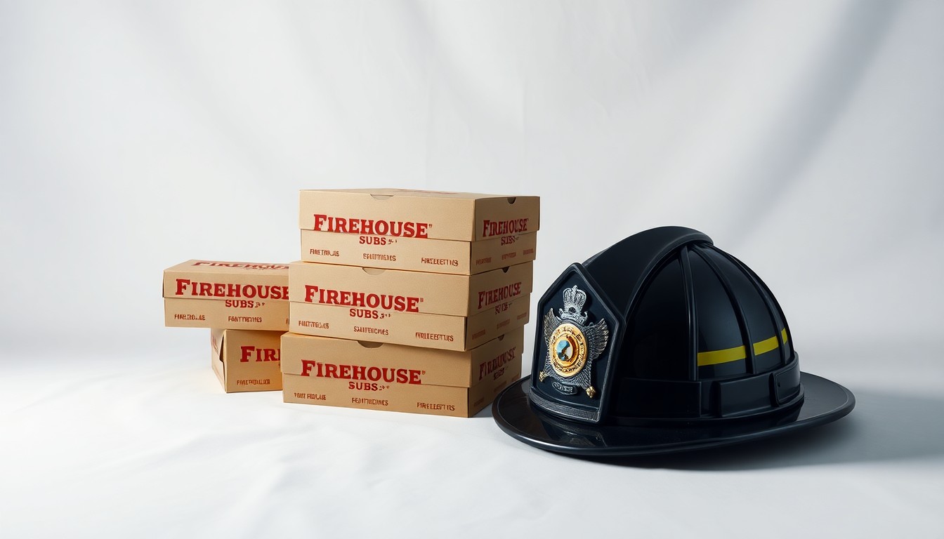 A photorealistic studio still-life image featuring a stack of Firehouse Subs sandwich boxes, a firefighter's helmet, and a first responder's badge, symbolizing the restaurant's partnership with the local public safety community.