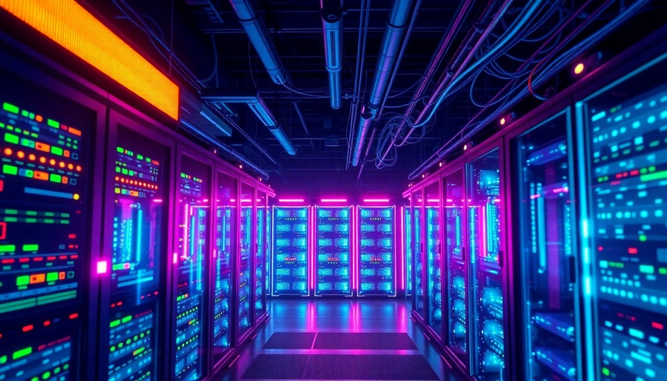 A highly detailed, glowing 3D illustration of a complex data center infrastructure, with illuminated server racks, fiber optic cables, and other digital hardware components bathed in a vibrant neon color palette, conceptually representing the secure and dynamic nature of Leverage's Sovereign AI platform.