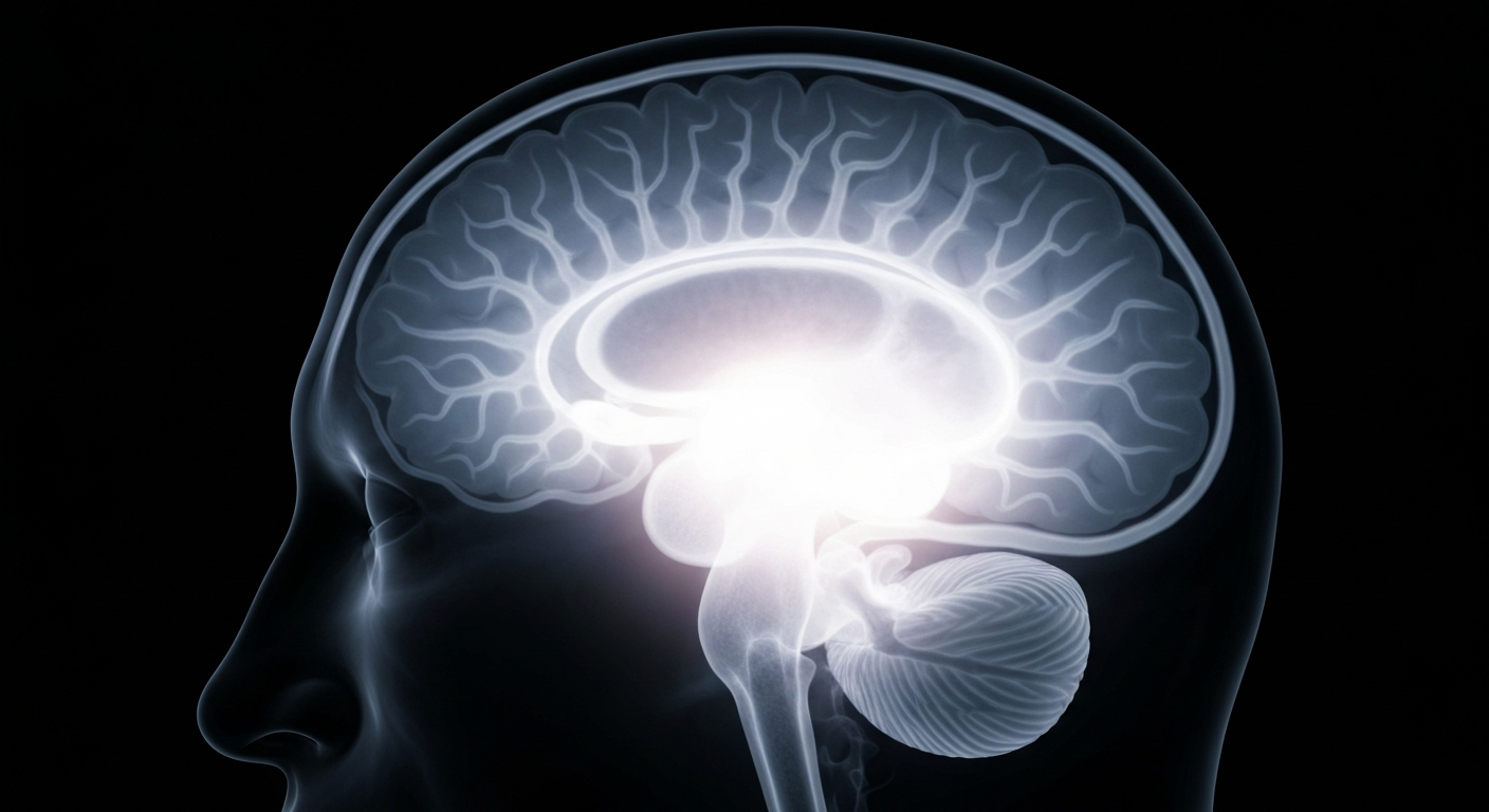 A detailed X-ray photograph showing the intricate structure of a human brain, glowing softly against a dark background to conceptually represent mental health services.
