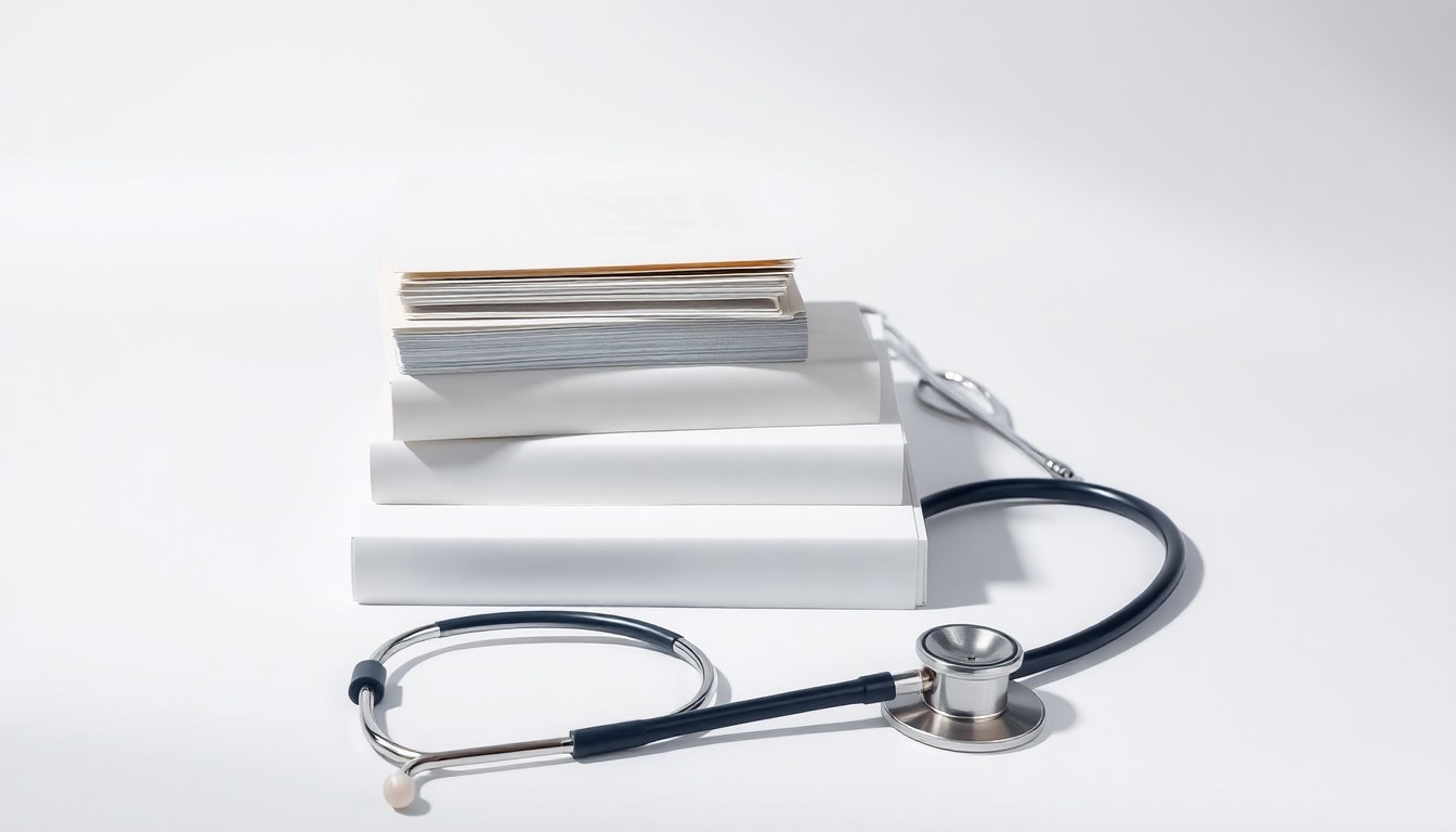 A high-end, photorealistic studio still-life photograph featuring a stack of medical files, a physical therapy resistance band, and a stethoscope arranged elegantly on a clean, white seamless background, conceptually representing the stability and professionalism of a healthcare practice.