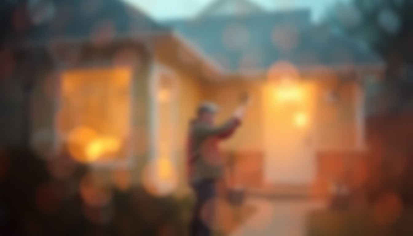 An extremely blurred, impressionistic photograph showing a homeowner closely examining the exterior of their house, with the scene rendered in soft, warm tones that evoke a sense of care and attention to detail.