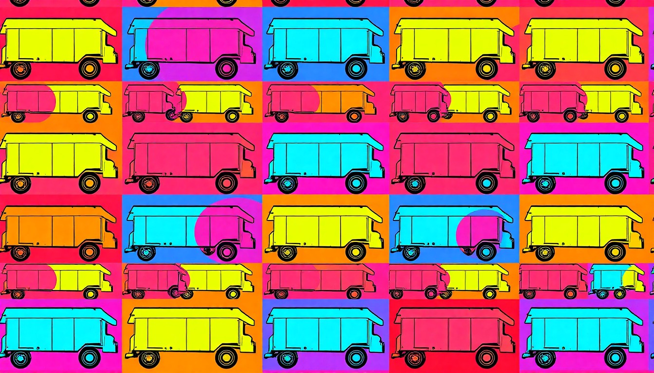 A high-contrast, silkscreen-style illustration of a dumpster or recycling bin repeated in a grid pattern, using bold, neon-like colors to conceptually represent the energy and convenience of a same-day junk removal service.