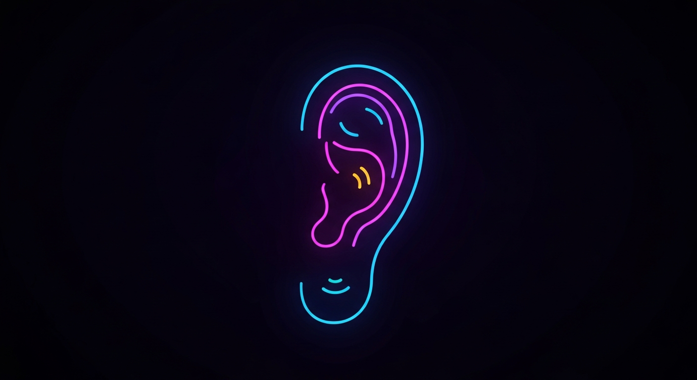 A glowing, vibrant neon outline of a human ear set against a dark background, conceptually representing the clinic's focus on hearing health and technology.