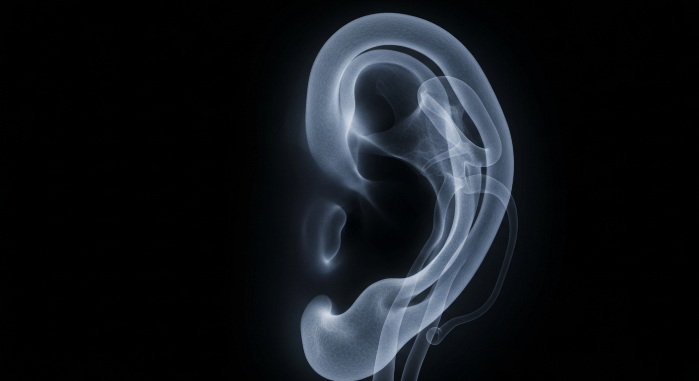 A ghostly, translucent X-ray photograph revealing the intricate inner structures of a human ear, conceptually illustrating the importance of maintaining healthy hearing.