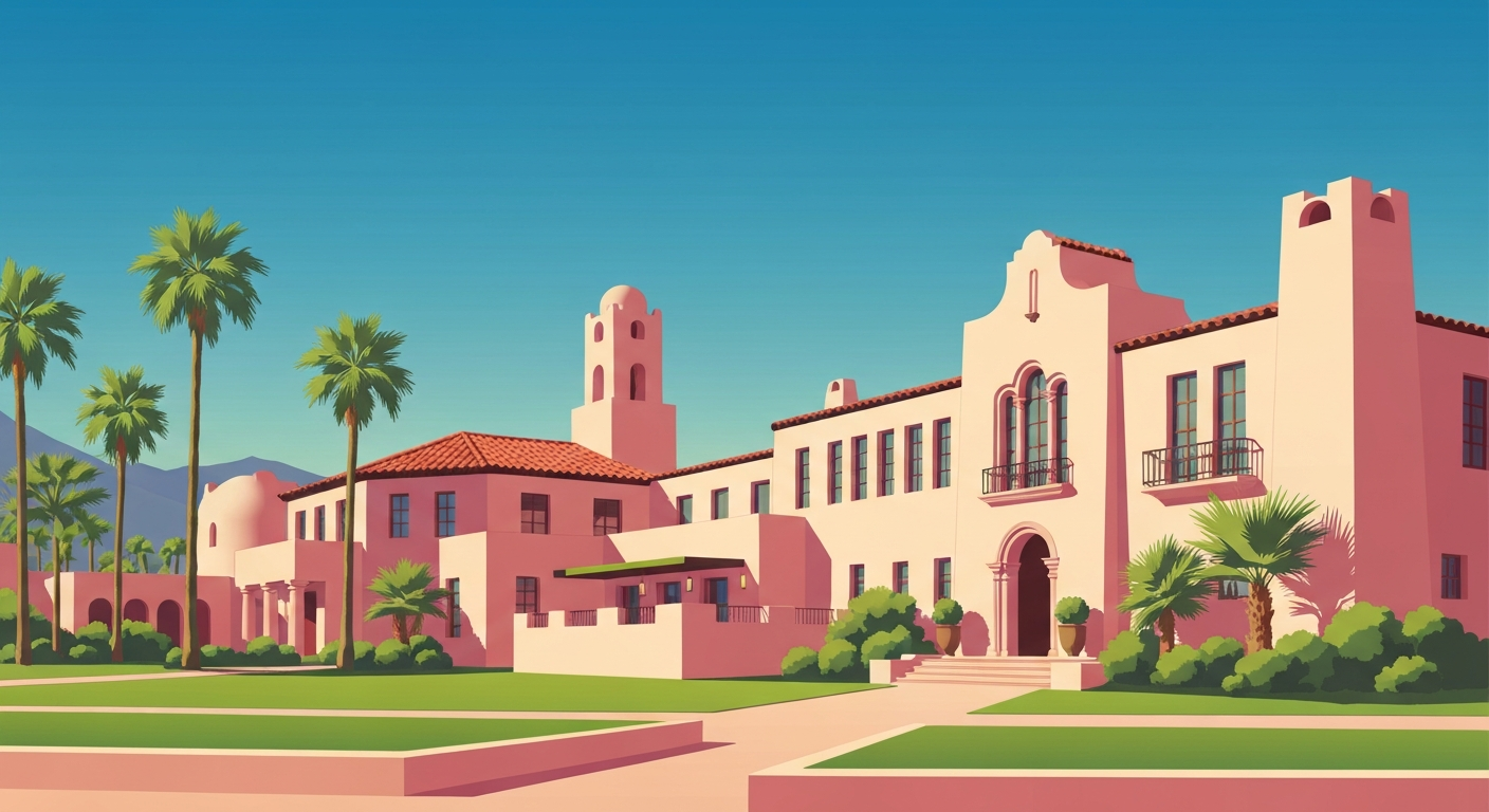 A bold, geometric illustration in the Art Deco style depicting the towering, streamlined architecture of Ingleside Estate in Palm Springs, with sweeping gradients of warm desert colors.