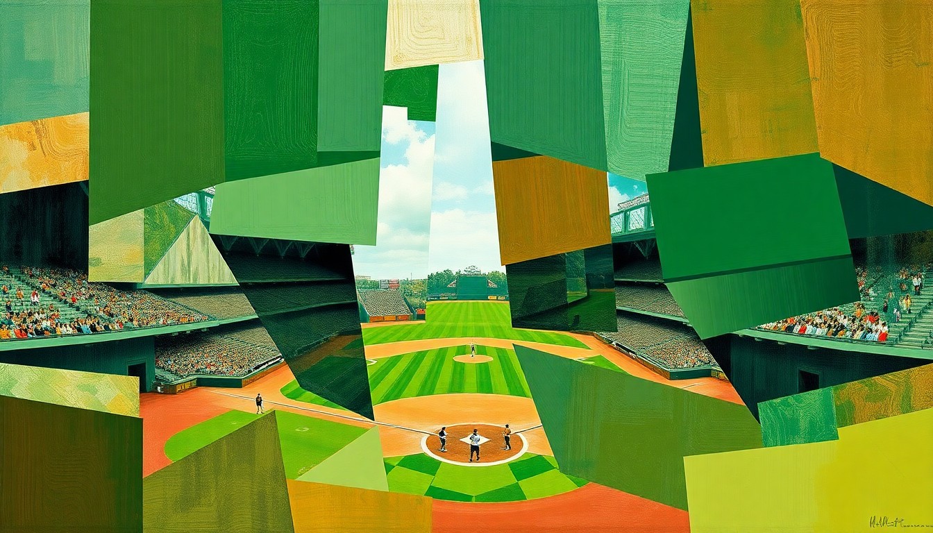A fragmented, geometric painting depicting the dynamic movements and competing perspectives of a college baseball game, with sharp planes of green, brown, and white.