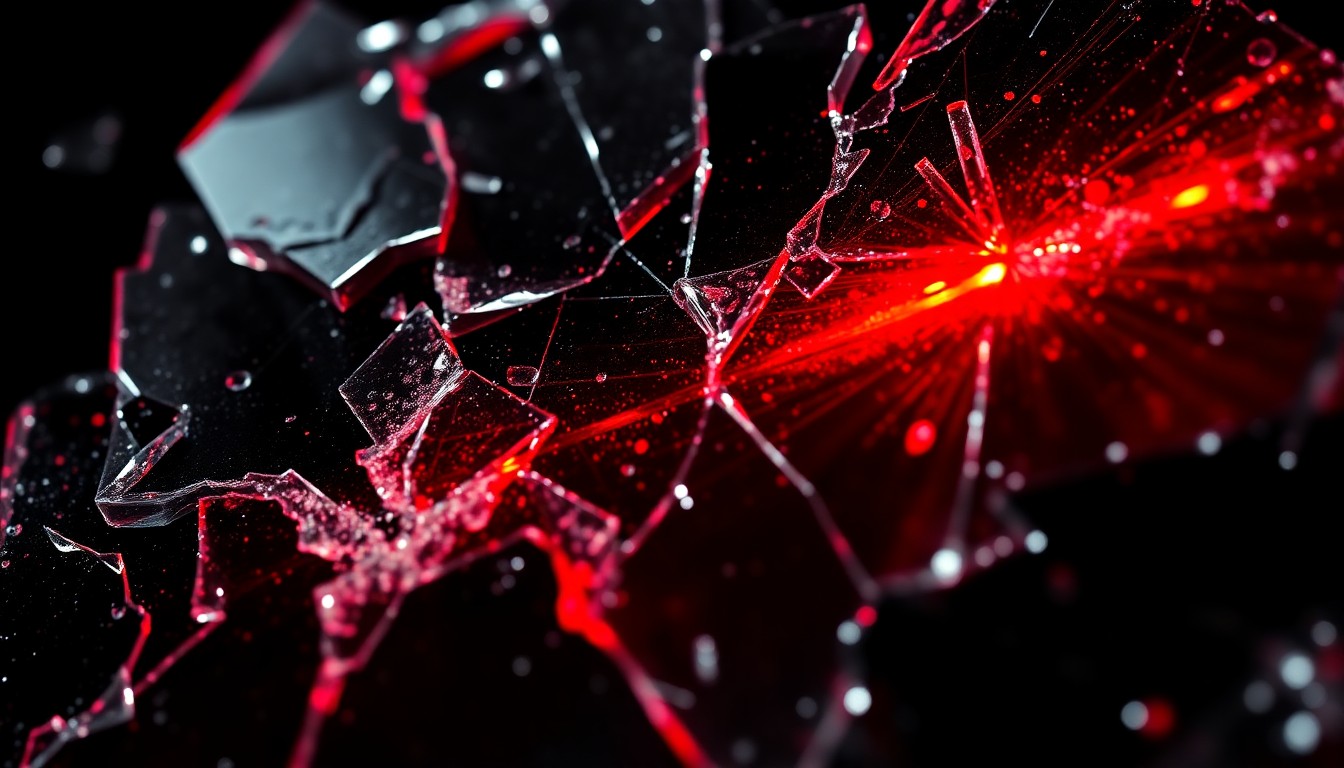 An extreme close-up of a shattered, reflective glass surface in dramatic studio lighting, conceptually representing the spectacle and excitement of the Jumanji films.