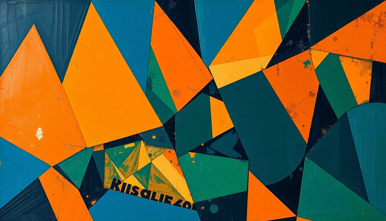 A fractured, multi-perspective painting featuring sharp, overlapping geometric shapes in navy blue, burnt orange, and forest green, conceptually representing the strategic complexity and athletic energy of a college basketball game.