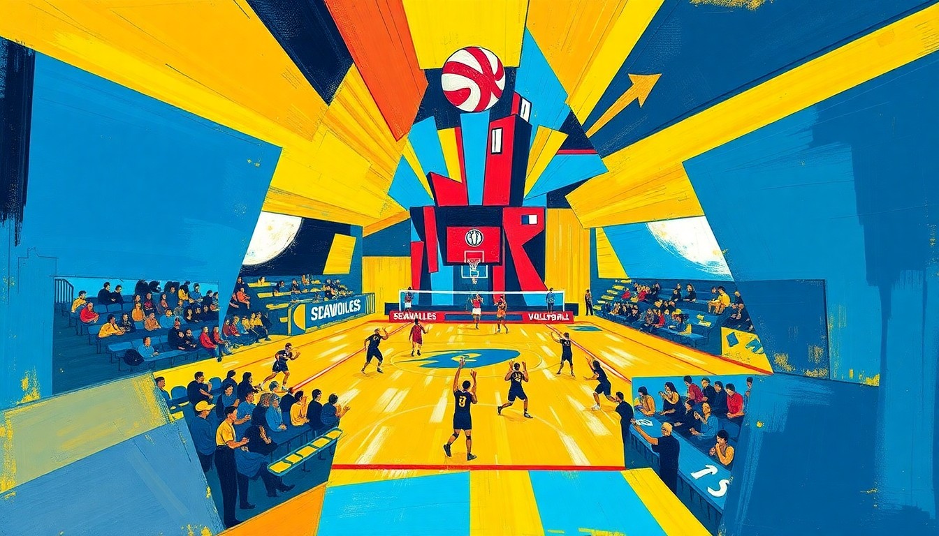 A fractured, multi-perspective painting in bold, vibrant colors depicting a volleyball game in motion, with sharp, overlapping geometric shapes and planes representing the dynamic action on the court.