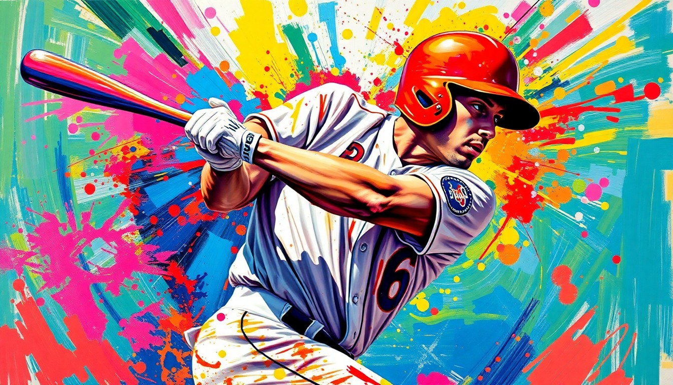An extreme close-up of a baseball player mid-swing, captured in a vibrant, expressionist style with rapid brushstrokes and neon colors, conceptually representing the raw power and energy of the game-changing home run.