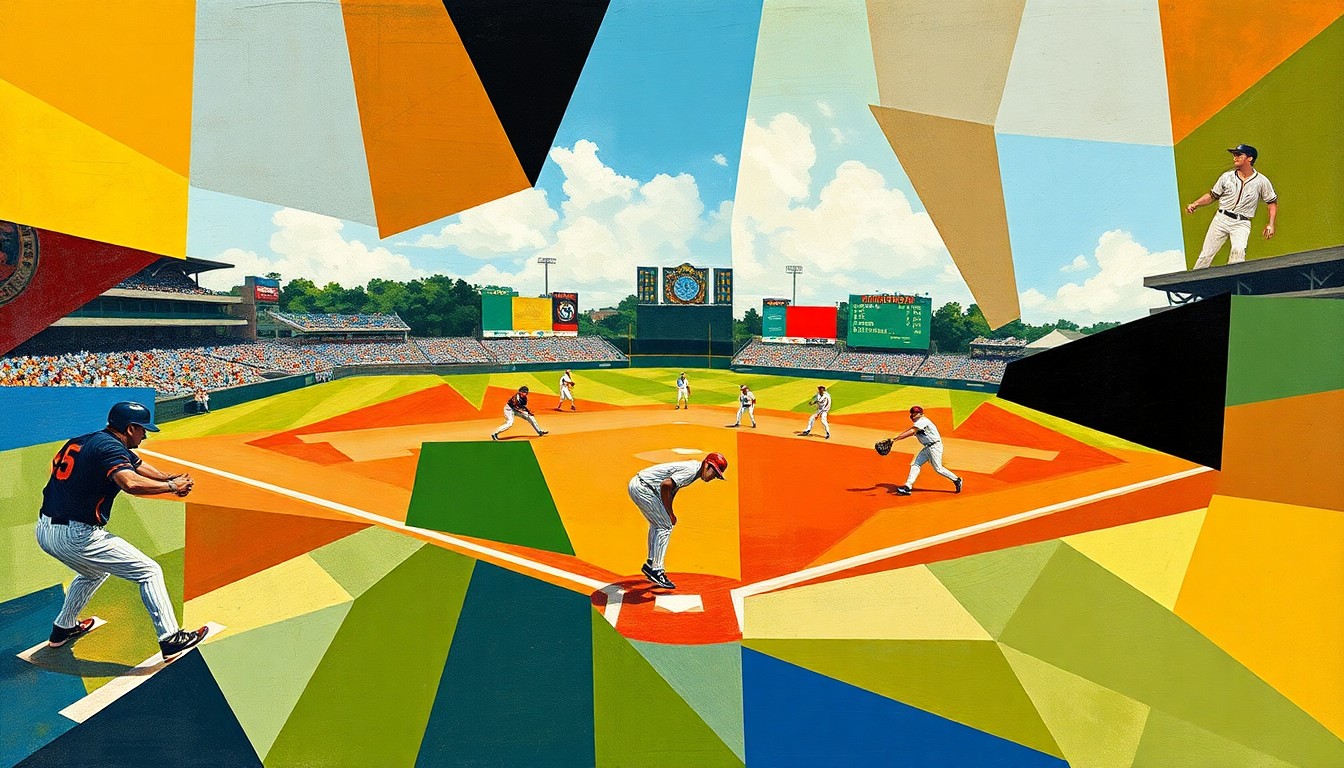 A fractured, multi-perspective painting featuring sharp, overlapping geometric planes of color that capture the abstract movements and energy of a college baseball game.