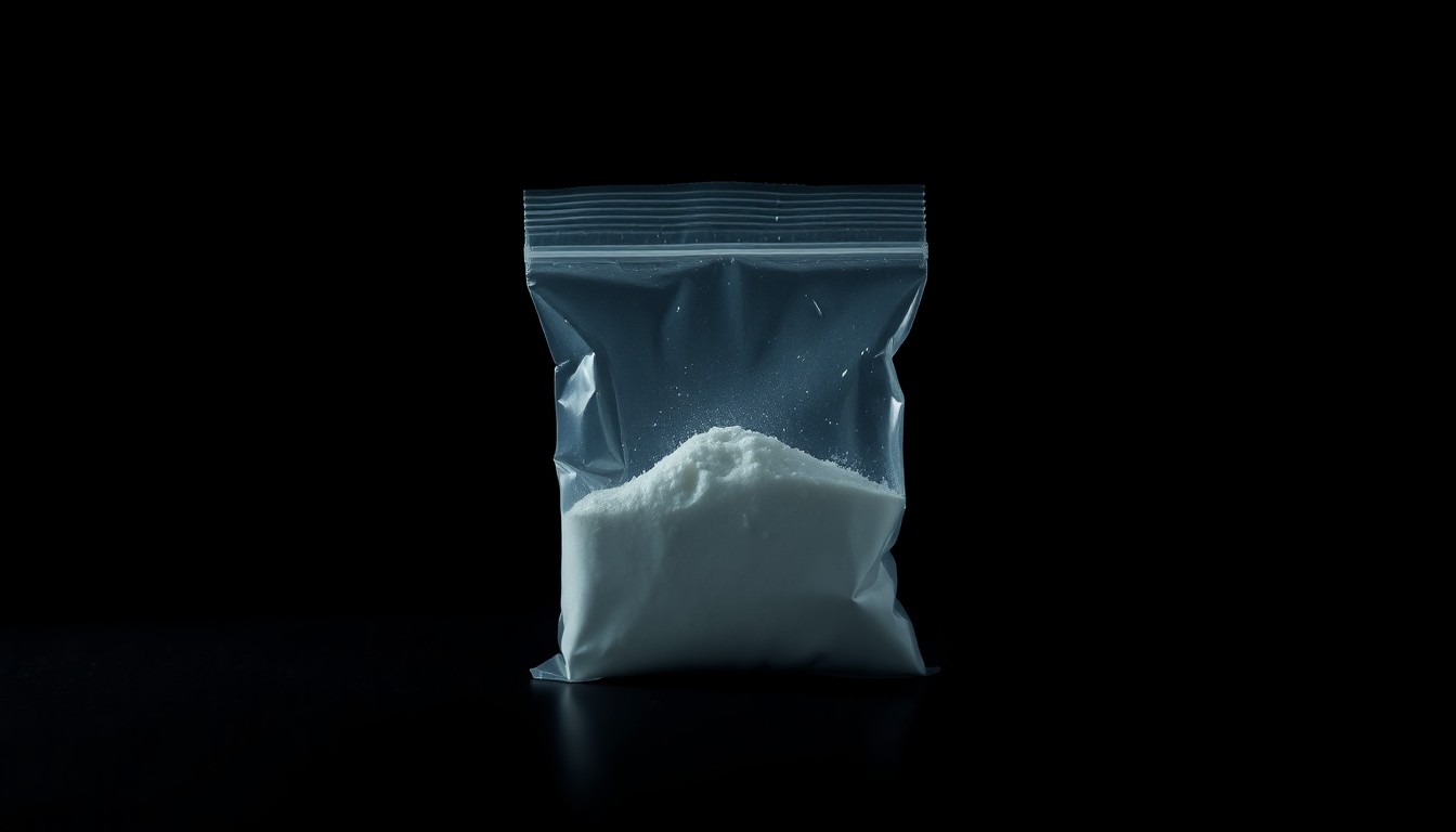 An extreme close-up of a small plastic bag containing an unidentified white powder substance, conceptually illustrating the drug enforcement operation.