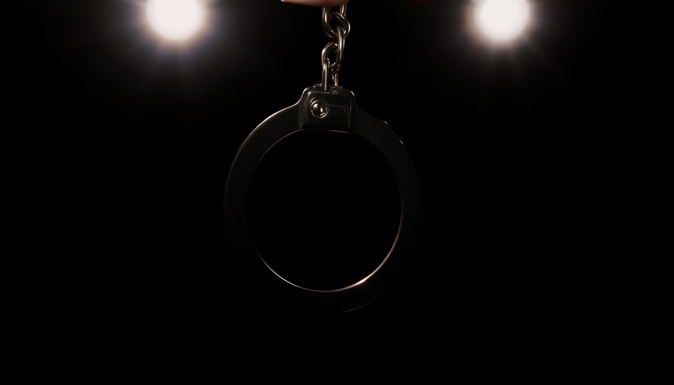 An extreme close-up photograph of a police handcuff against a pitch-black background, lit by a harsh, direct camera flash, conceptually representing the confrontational nature of this incident.