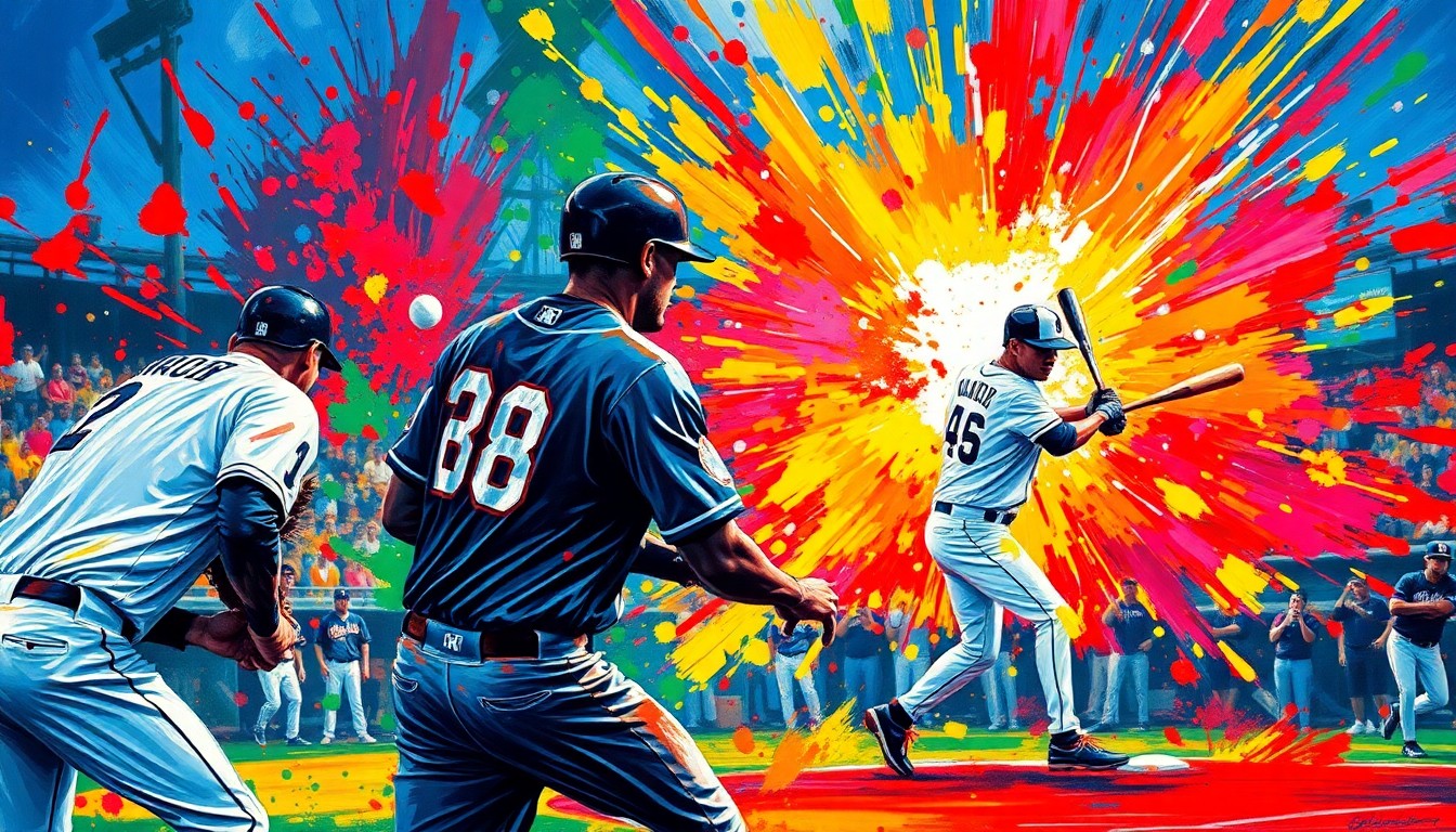 An abstract, energetic painting using bold, neon-like brushstrokes to depict the intensity and excitement of a lopsided baseball game between the Pirates and Nationals.