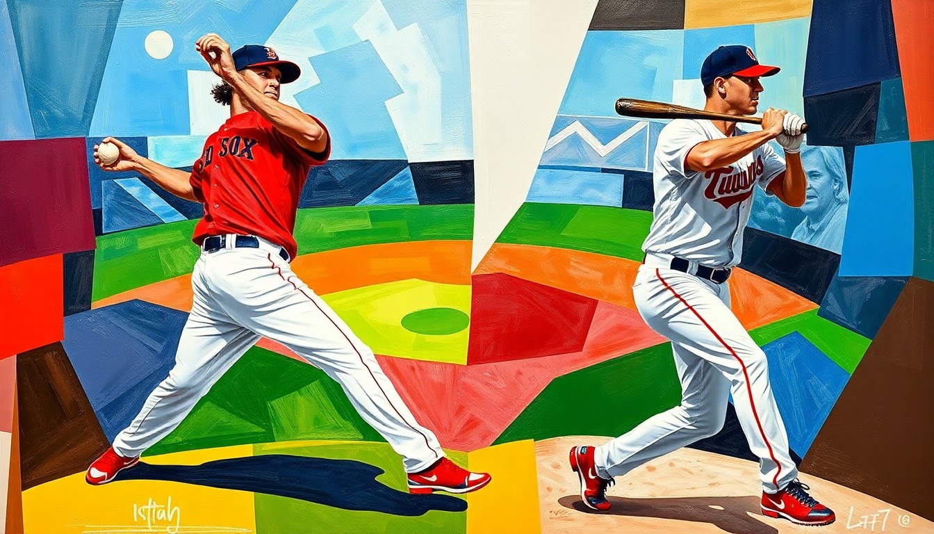 A fragmented, geometric painting depicting the motion and energy of a baseball pitcher's delivery and a batter's swing, with the bright colors of the Red Sox and Twins uniforms.