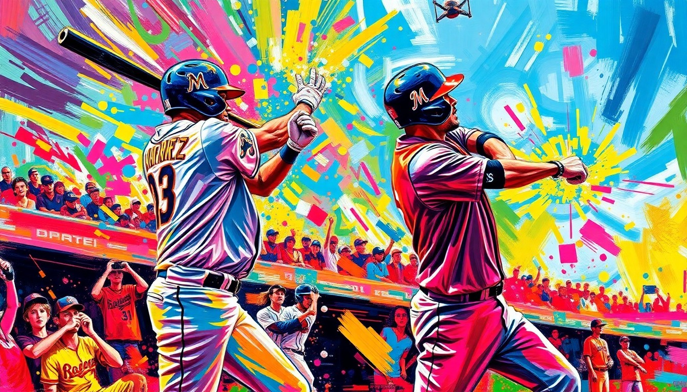 An abstract, energetic painting featuring bold, neon-colored brushstrokes that capture the powerful, explosive motion of baseball players swinging their bats and hitting home runs.