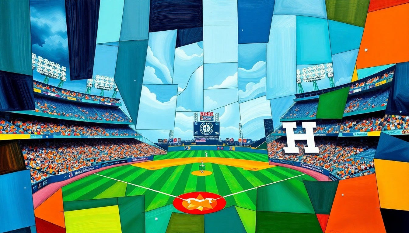 A fractured, multi-perspective painting breaking down a baseball game into sharp, overlapping geometric planes in vibrant navy, teal, orange, and navy colors, conceptually representing the Mariners' series sweep of the Astros.