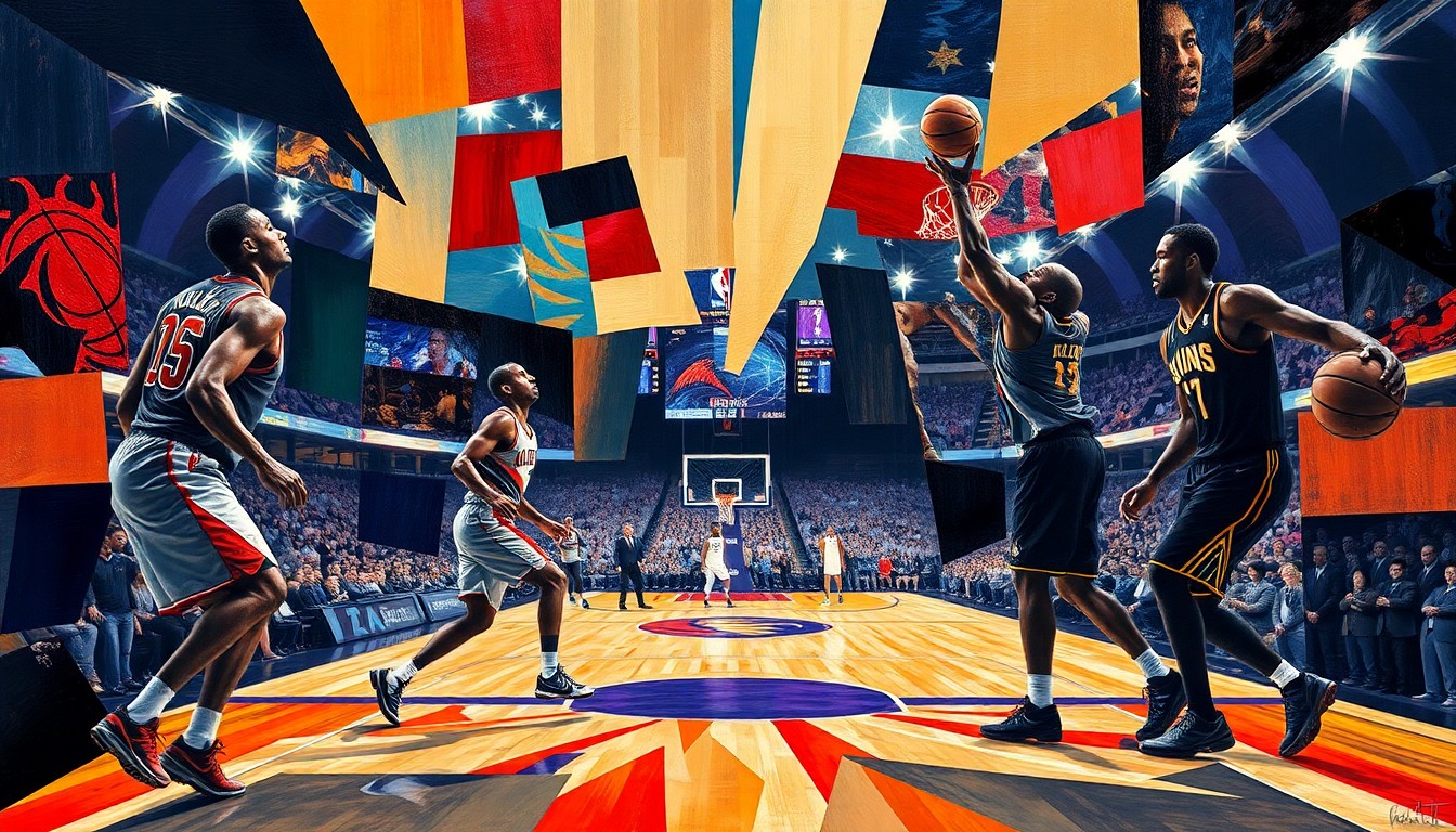 A cubist, geometric painting depicting an abstracted basketball game between the Portland Trail Blazers and Phoenix Suns, with the players' forms fractured and deconstructed into overlapping planes of color and shape.