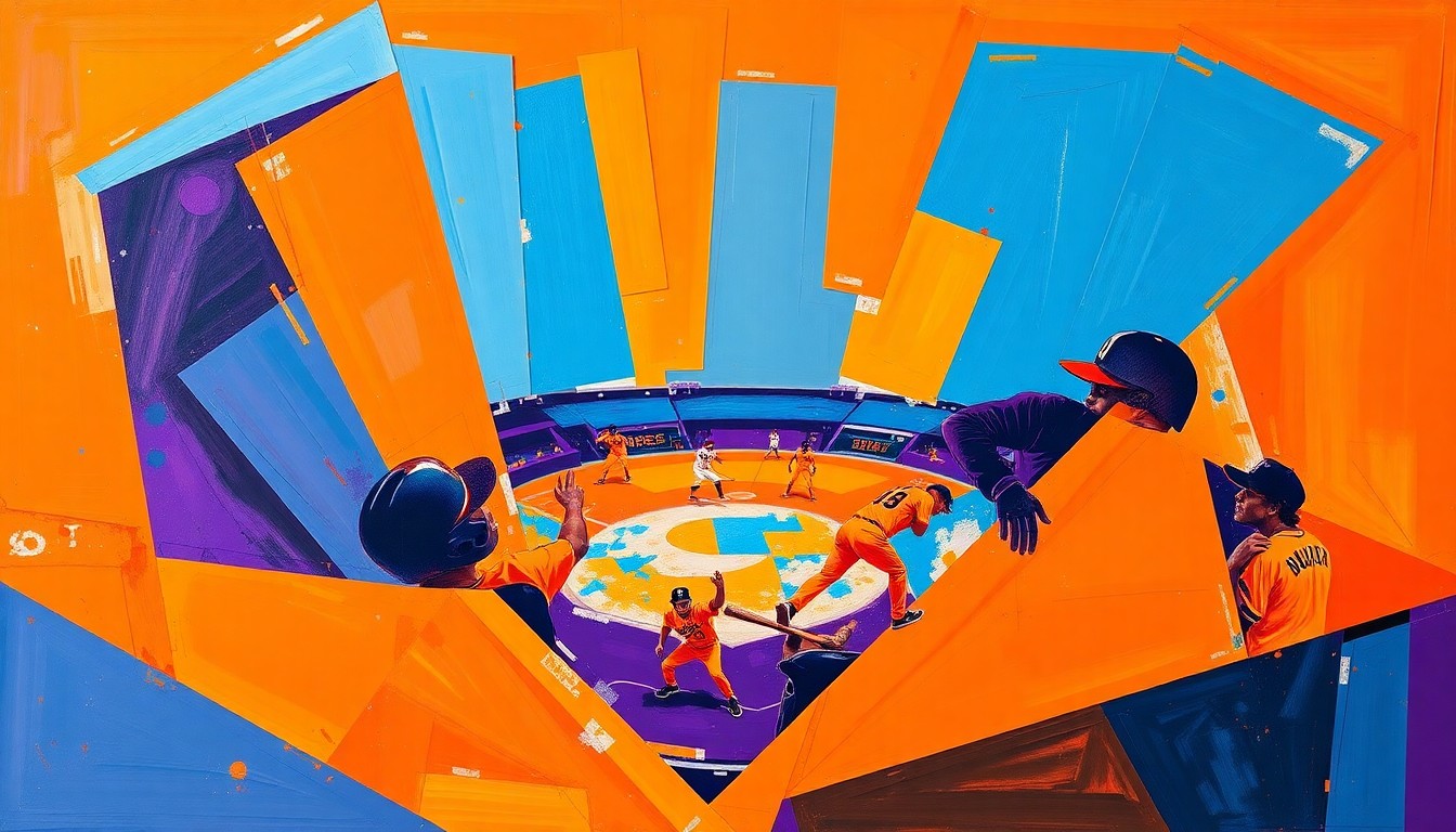A cubist, geometric painting depicting the key moments of the Orioles' comeback victory, with overlapping planes of vibrant orange, blue, and purple hues capturing the explosive energy of the late-inning power surge.