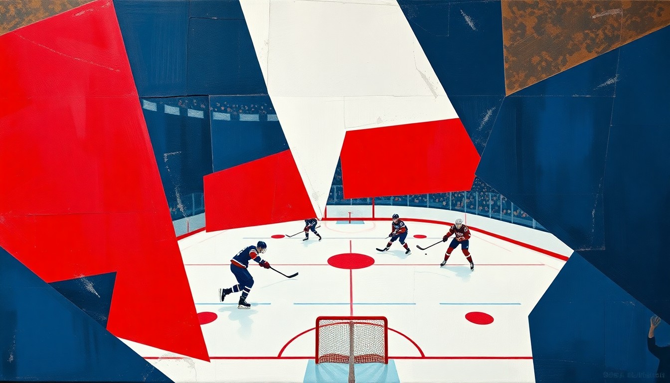 A dynamic, cubist-style painting depicting the chaotic action of a hockey game, with players and the puck fragmented into overlapping geometric shapes in shades of blue, red, and white.