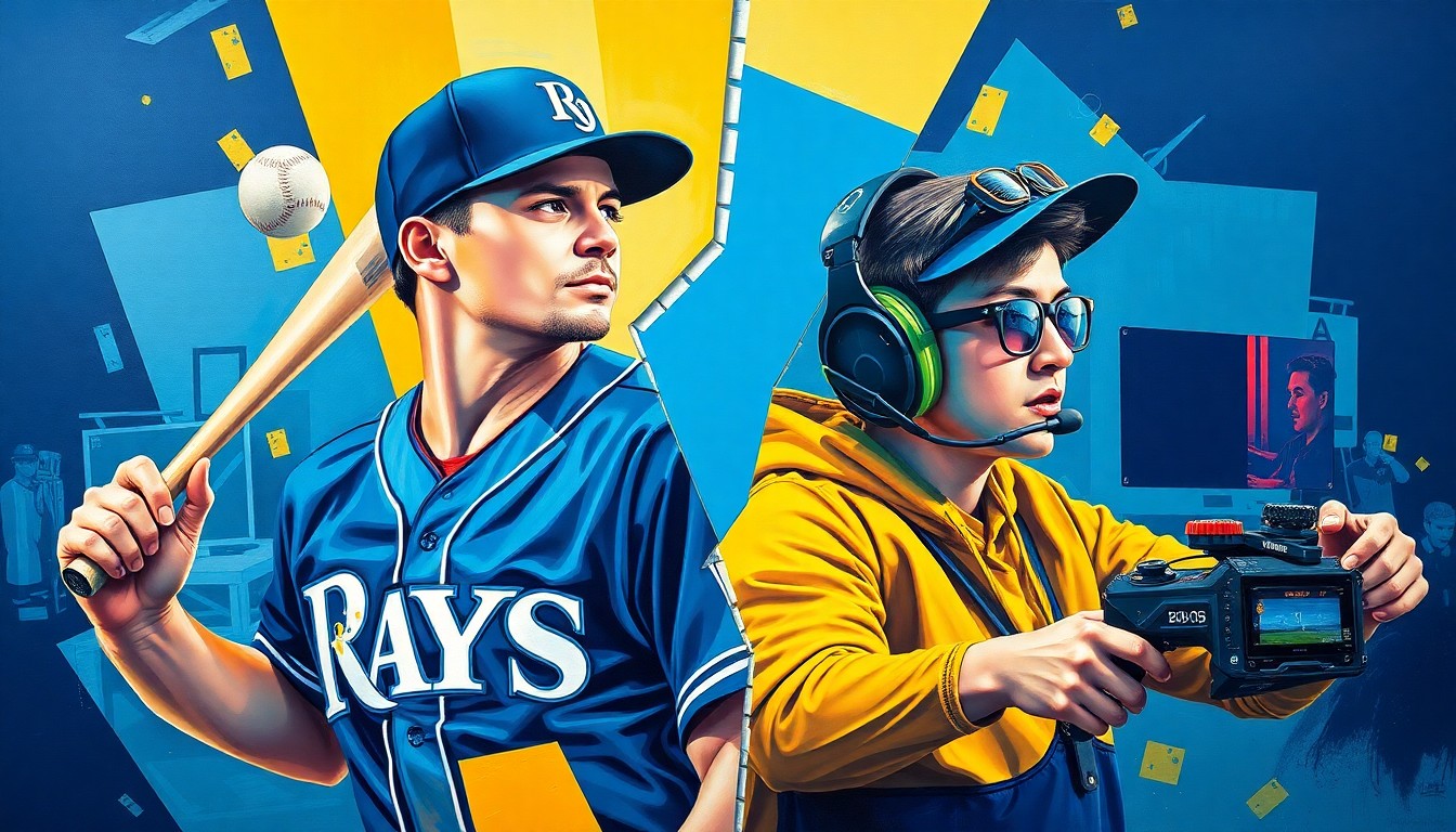 A cubist, geometric painting depicting a Rays baseball player and an esports gamer in overlapping, fragmented planes of navy blue, powder blue, and yellow, conceptually representing the intersection of traditional sports and competitive gaming.