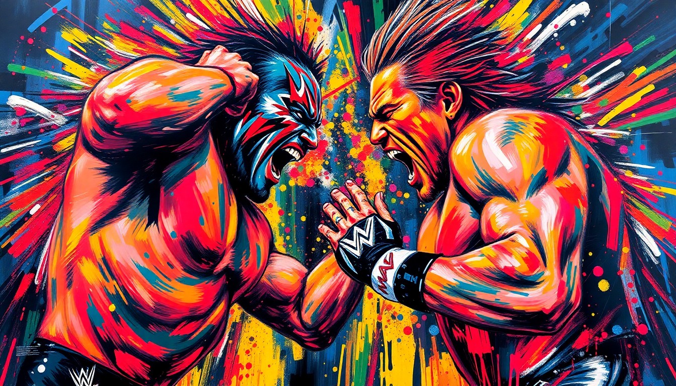 An abstract expressionist painting featuring vibrant neon brushstrokes and splatters of color, capturing the raw energy and intensity of a physical confrontation between two professional wrestlers.