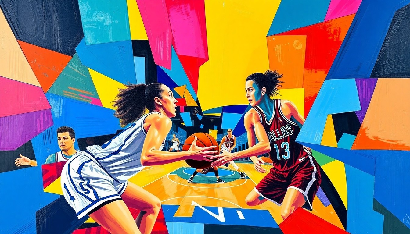 A cubist, geometric painting depicting the silhouettes of two basketball players in motion, with overlapping planes of bright blue, red, and white colors representing the Dallas Wings team colors.