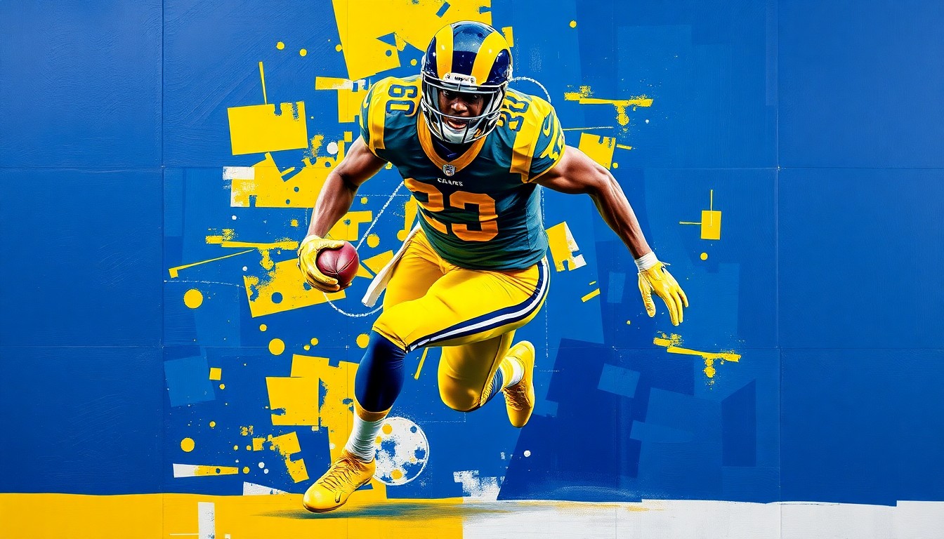 A cubist, geometric painting depicting a football player in motion, with sharp, overlapping planes of deep blue, bright yellow, and metallic silver representing the Los Angeles Rams' team colors.