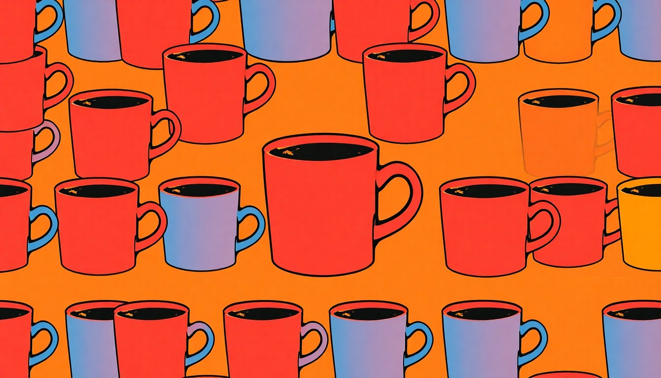A brightly colored, high-contrast silkscreen print of an iconic coffee mug repeated in a tight grid pattern, conceptually representing the celebratory energy of a community event.