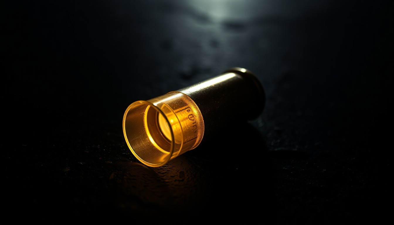 An extreme close-up photograph of a spent bullet casing on a dark concrete surface, lit by a harsh, direct camera flash, conceptually illustrating the violent targeting of a tech leader's home.