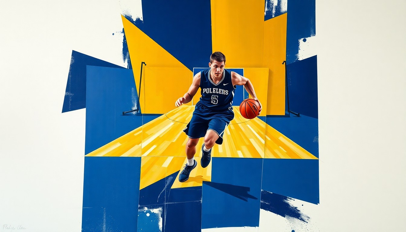 A fragmented, geometric painting depicting a college basketball player dribbling a ball, with sharp planes of navy blue, gold, and white overlapping to create a dynamic, abstract composition.