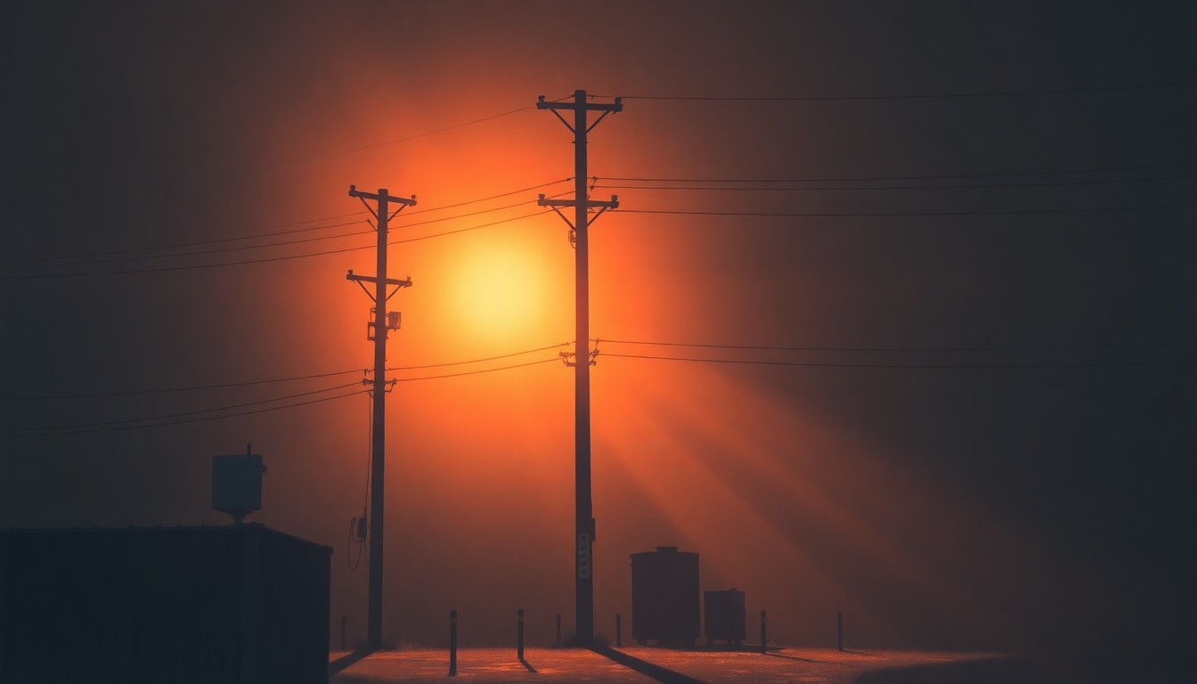 A serene, cinematic painting of a lone utility pole or electrical substation, its metal frame and insulators casting long shadows across a sun-dappled urban landscape, conveying a sense of civic infrastructure and political tension.
