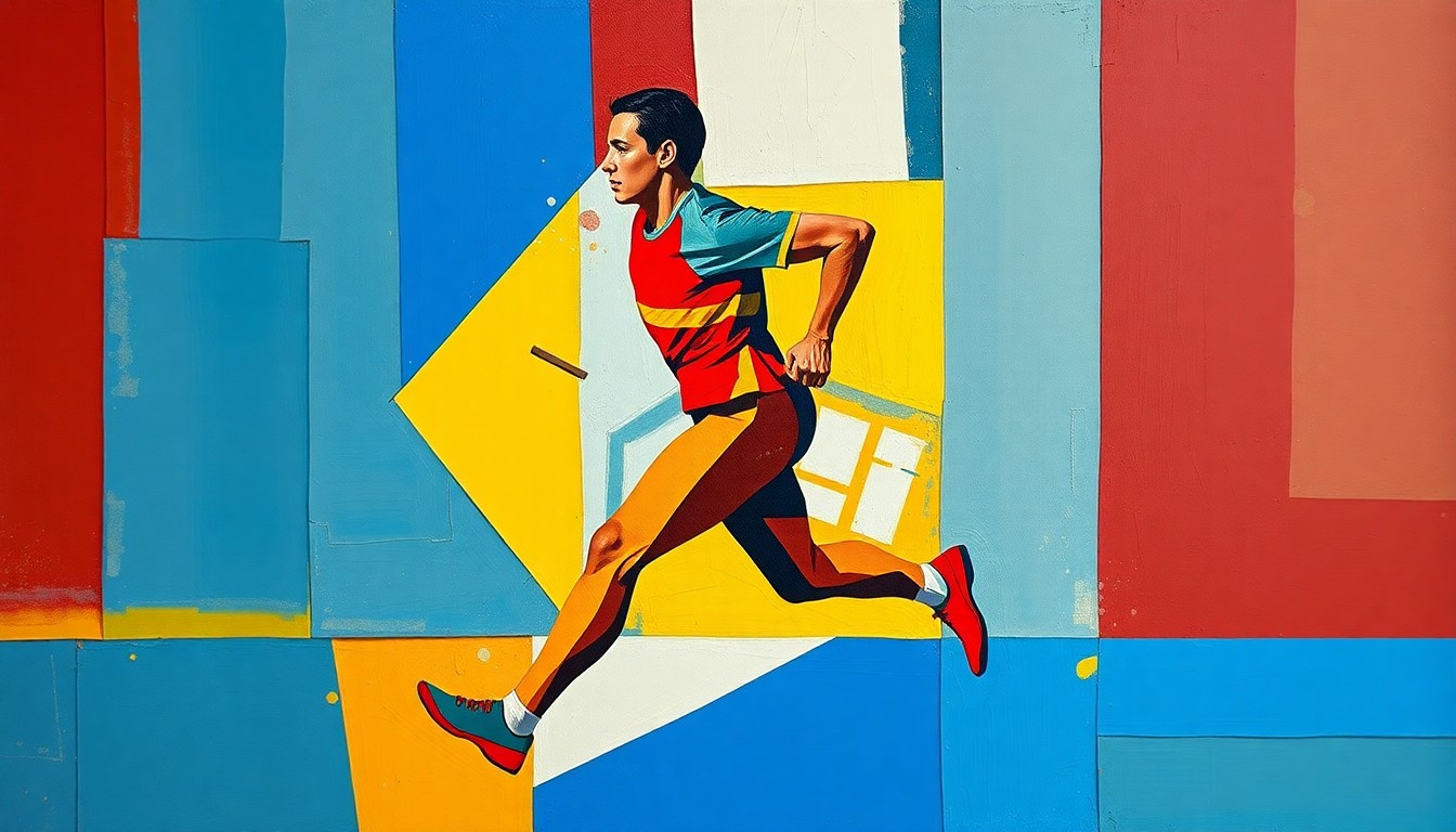 A fractured, multi-perspective painting depicting a runner in motion, broken down into sharp, overlapping geometric planes in a dynamic, abstract composition using bold colors.