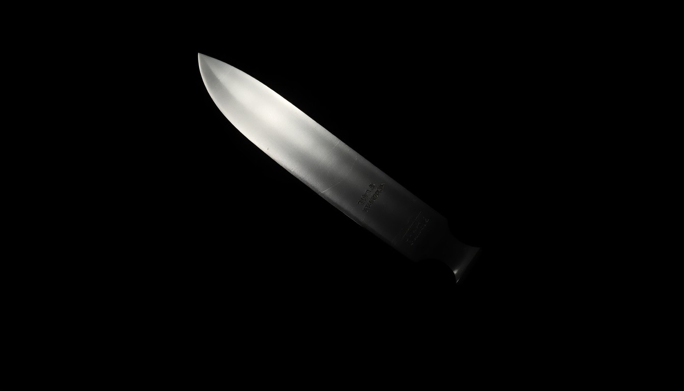 An extreme close-up of a machete blade against a pitch-black background, capturing the dangerous weapon used in a subway attack with a stark, gritty investigative aesthetic.