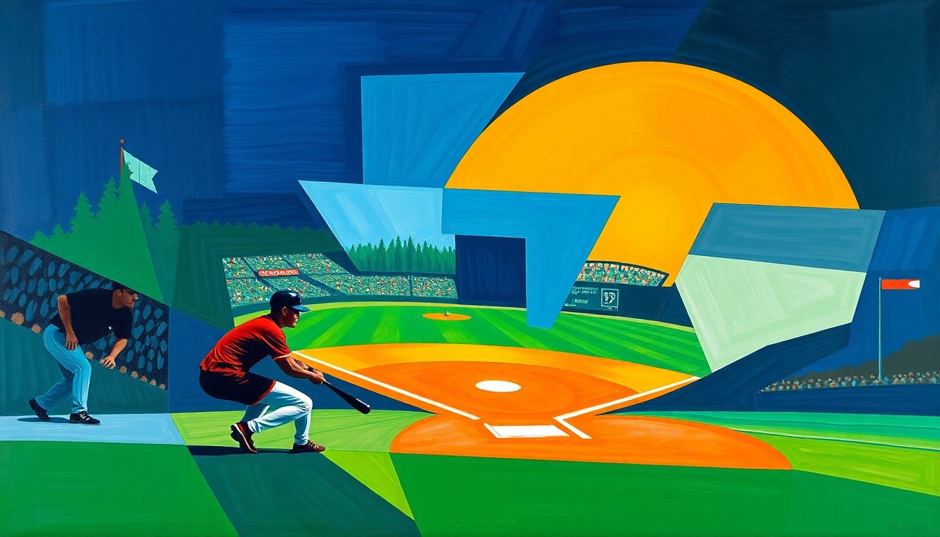 A fractured, multi-perspective painting in bold, geometric shapes and colors, depicting the tension and energy of a baseball game's climactic final at-bat.