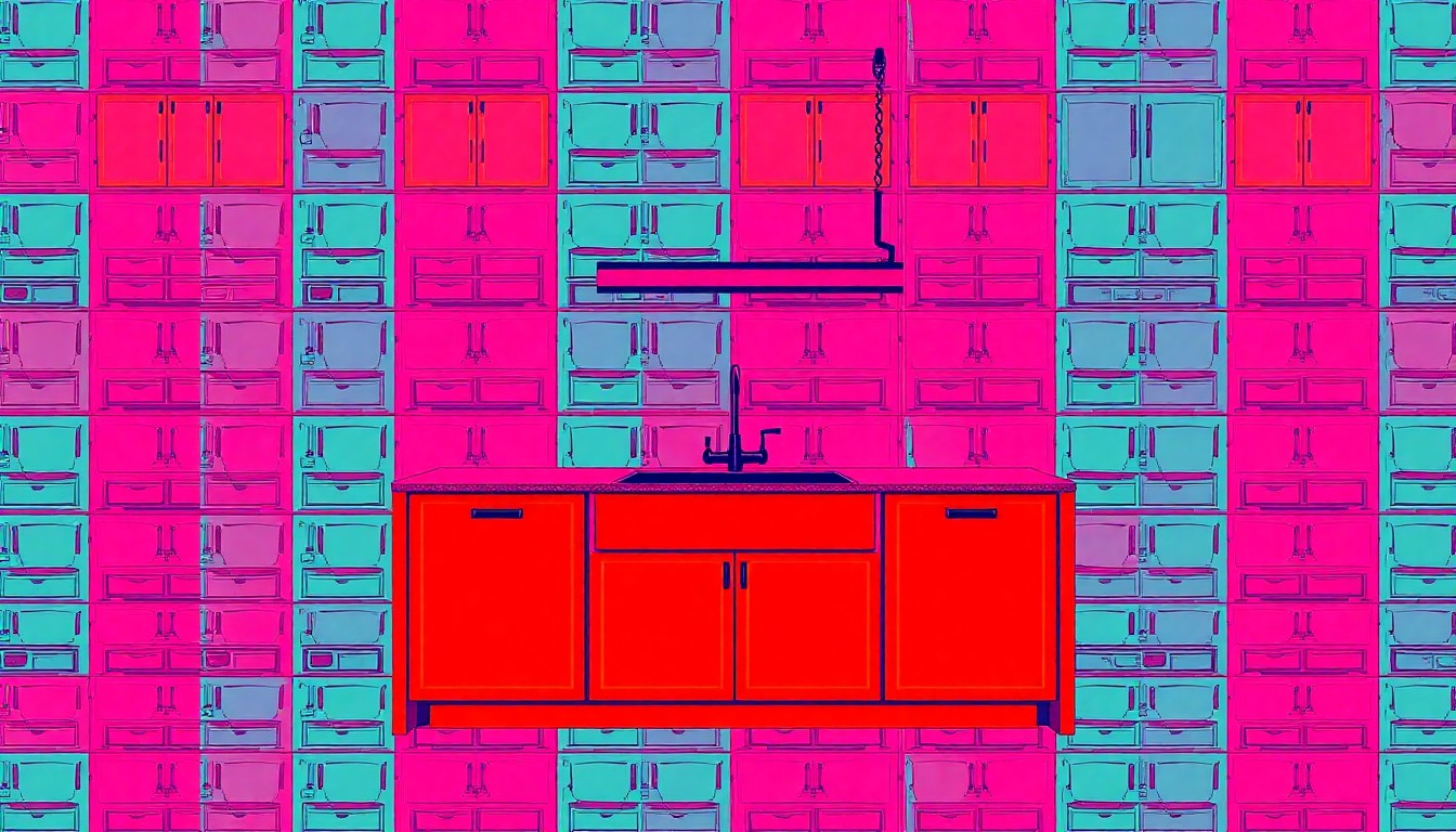 A brightly colored, high-contrast silkscreen-style illustration of a modern kitchen island with a farmhouse sink, repeated in a grid pattern with vibrant neon colors and heavy black outlines, capturing the luxurious and design-forward nature of the Brentwood property.