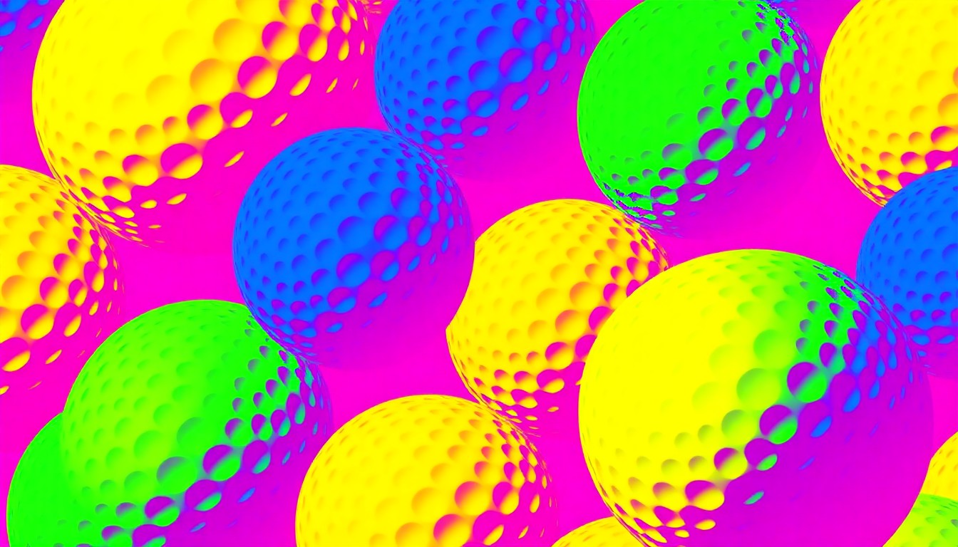 A brightly colored, high-contrast silkscreen print of a single, iconic golf ball repeated in a tight grid pattern, capturing the refined elegance and everyday comfort of this luxury home in an exclusive North Carolina community.