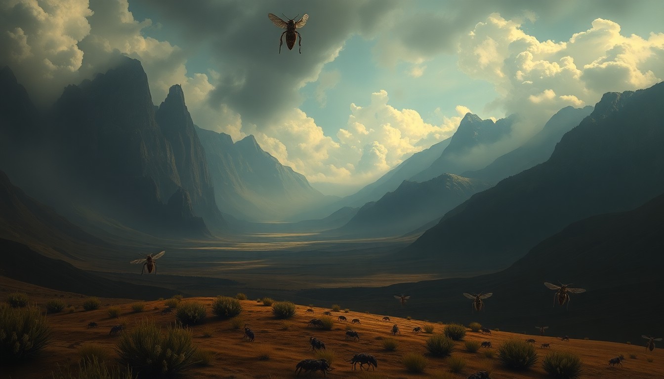 A vast, atmospheric landscape painting in muted tones of grey, green, and blue, with a distant horizon line and dramatic lighting that casts long shadows across the scene. The foreground is obscured by a hazy, indistinct mass, hinting at the impending arrival of a swarm of Mormon crickets that will dwarf the natural elements.